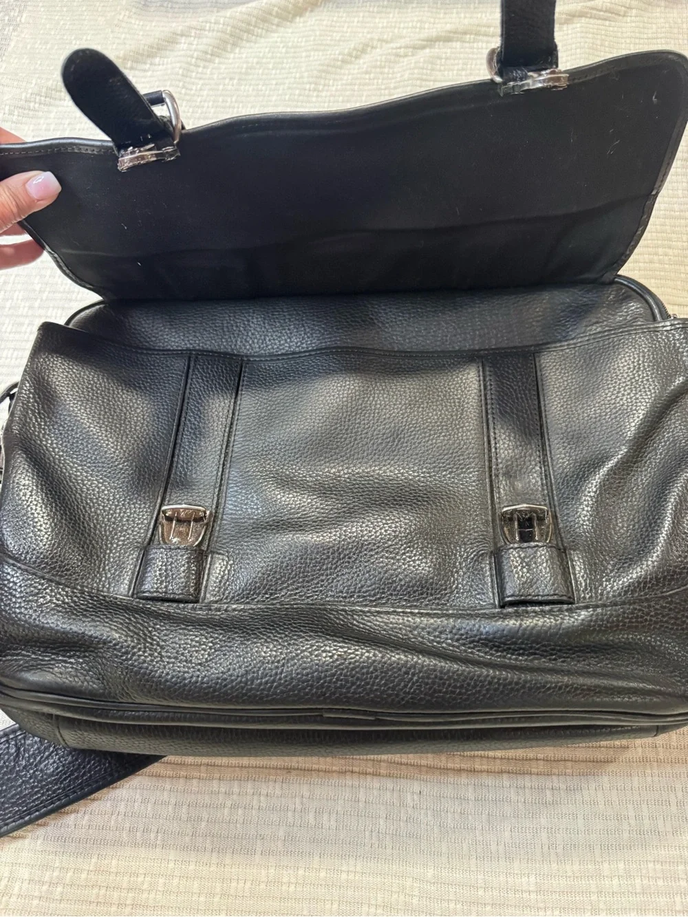 Vintage LL Bean Black Pebbled Leather Laptop Briefcase Messenger Bag Expandable